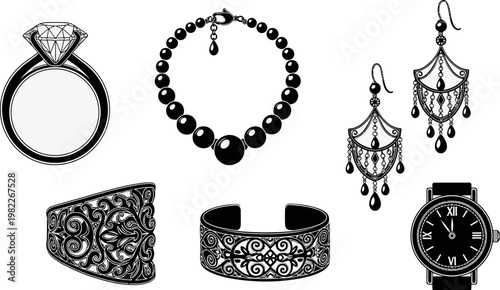 black and white illustration of various jewelry items including ring watch earrings bracelet and cuff