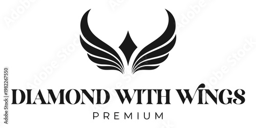 Diamond with wings premium logo graphic symbol with feather details gemstone branding identity prestige expensive brilliant precious minimalist exclusive monochrome illustration isolated