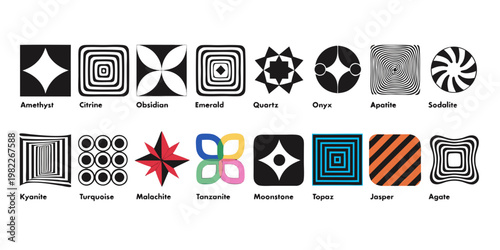 Collection of named crystal and gem icons with abstract patterns amethyst obsidian geometric abstract collection monochrome minimalist decoration ornament material structure composition