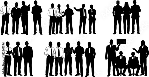 Collection of business people silhouettes in various poses and gestures on white background