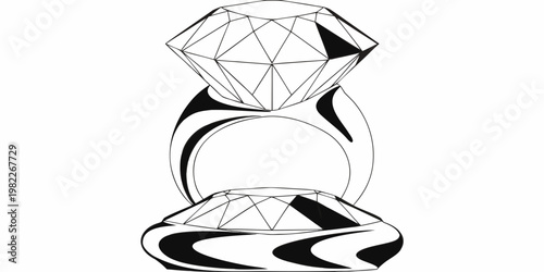 Graphic illustration of two stacked diamond rings with gemstone accessory engagement illustration precious brilliant proposal marriage ornament expensive minimalist monochrome artistic