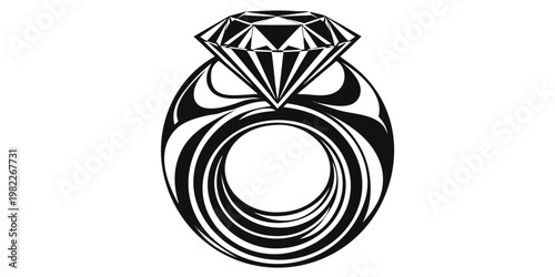 Single detailed diamond ring artistic illustration in black and white with accessory engagement gemstone ornament illustration precious brilliant glistening valuable commitment marriage