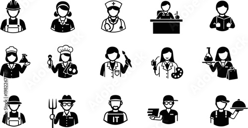 set of various occupations and professions icons in black and white
