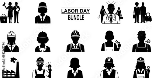 Labor Day bundle of various workers and professionals in silhouette  people at work
