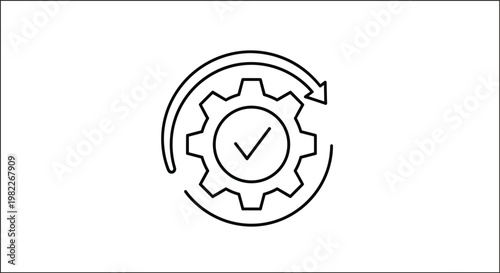 Gear icon with check mark, process cycle arrow, system optimization, automation, quality assurance isolated design
