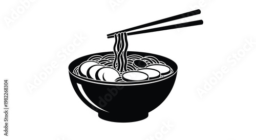 A black and white illustration depicts a bowl of ramen with chopsticks showcasing a simple design