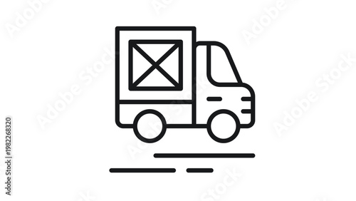 Black vector icon of a delivery truck or cargo van, minimalist line art illustration for shipping, logistics, and transport services, scalable graphic symbol for business and commerce.