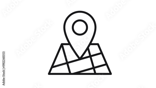 Black vector icon of a map pin location marker on a navigation map grid, minimalist line art illustration for GPS tracking, destination finding, travel planning, and address identification.