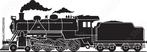 Black steam train, vintage locomotive, train silhouette, vector illustration