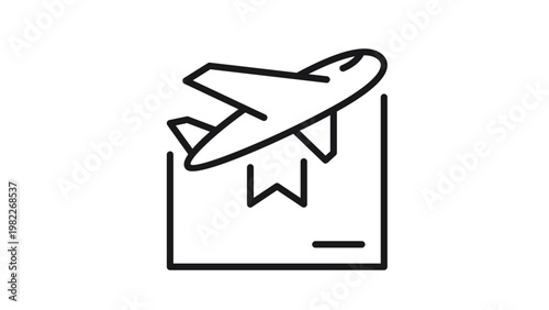 Air freight and global shipping vector icon illustration. Black line art symbol of an airplane flying over a cardboard box package, representing international delivery, logistics, and transport.