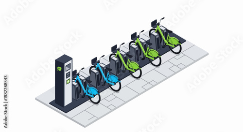 Isometric Urban Bike Sharing Station with Eco-Friendly Bicycles for Sustainable City Transport