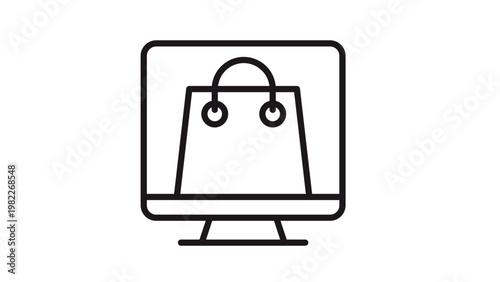 Cuadro en lienzo Online Shopping and E-commerce Vector Icon Illustration Featuring a Shopping Bag on a Computer Monitor Screen, Representing Digital Retail, Internet Business, and Web Store Concepts