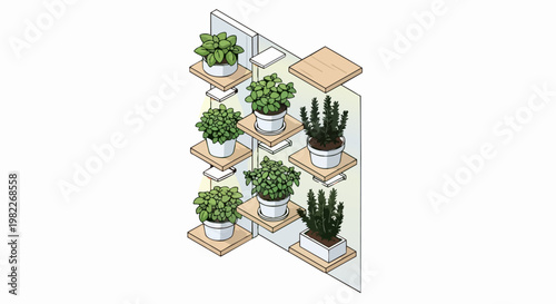 Modern Indoor Vertical Garden System with LED Grow Lights and Potted Herbs, Isometric Illustration of Urban Farming and Sustainable Home Gardening