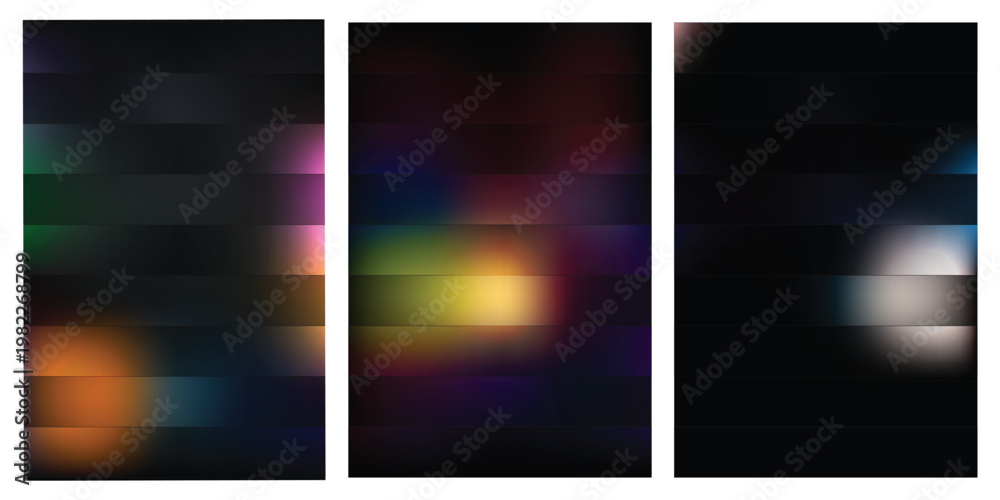 Fototapeta premium A triptych of abstract art pieces featuring blurred colorful lights on dark backgrounds with horizontal lines