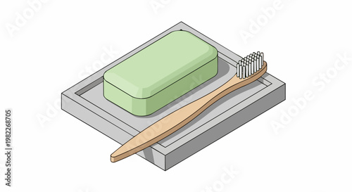 Isometric Illustration of Zero Waste Bathroom Essentials featuring a Green Soap Bar and a Bamboo Toothbrush on a Stone Tray, Sustainable Hygiene Concept