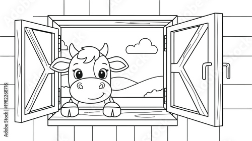 Cute baby cow peeking through open barn window coloring page for kids
