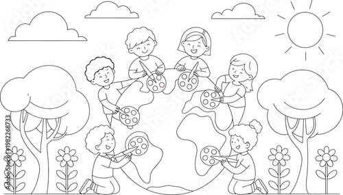 Outline illustration of children painting the planet earth, symbolizing global