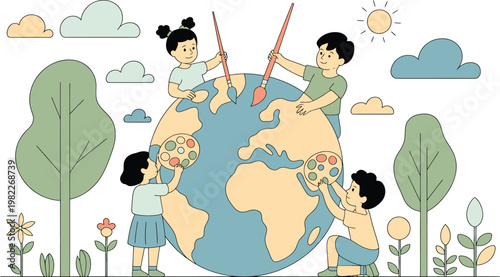 Children collaborate on painting the earth, emphasizing global environmental