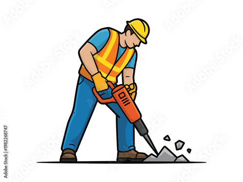 Construction worker uses a jackhammer.