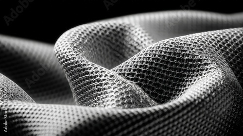 Close-up black and white photo of a metallic mesh fabric with intricate, reflective patterns and textures, Nano Tech World, AI technology