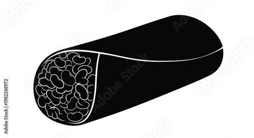 A simple black and white illustration depicts a bean pod cut in half exposing its seeds