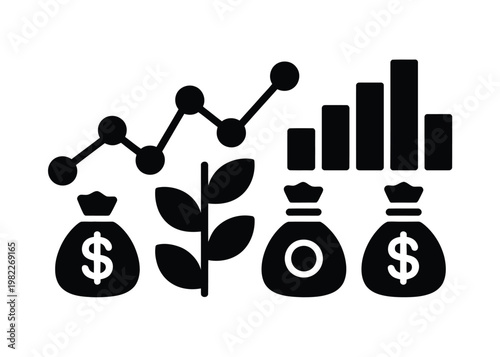 Finance icons represent economic.