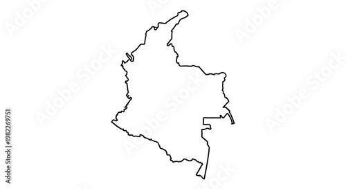 A simple black and white outline depicting the geographical shape of the country of colombia