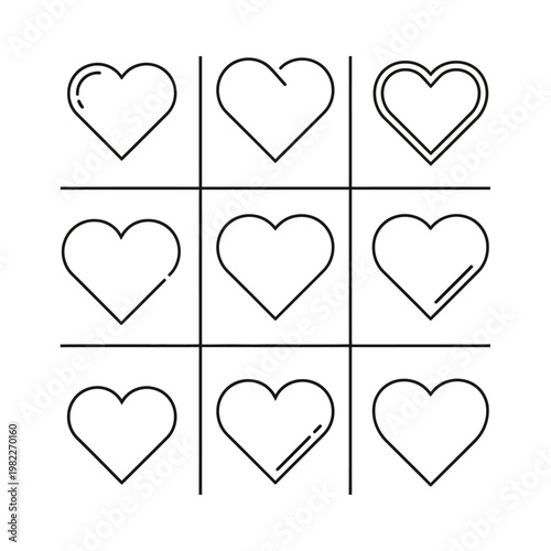 Tic Tac Toe Heart Game Grid with Different Heart Shapes, Line Art, Valentine's Day Concept