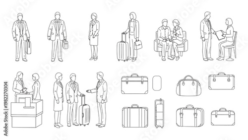 Hand Drawn Airport Passenger Characters with Luggage Set Travel Queue Check In and Suitcase Line Sketch Collection
