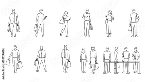 Shopping People CAD Block Set with Retail Customers, Queue and Bag-Carrying Figures for Commercial Interior Elevation Drawings
