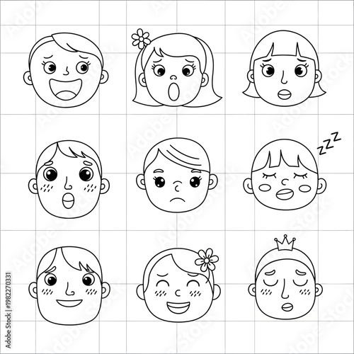 Set of Cartoon Faces Showing Different Emotions, Hand-Drawn Style