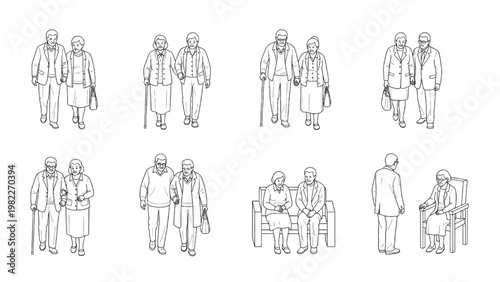 People CAD Block Set for Architectural Elevation and Interior Design Drawings – Elderly Couple Outline Vector Collection
