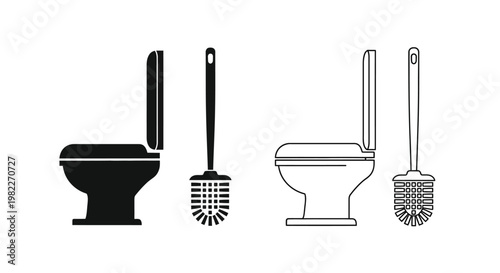 Bathroom fixtures including toilet and brush depicted in black silhouette