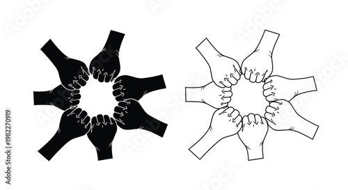 A circle of hands joining together symbolizing unity and strength silhouette