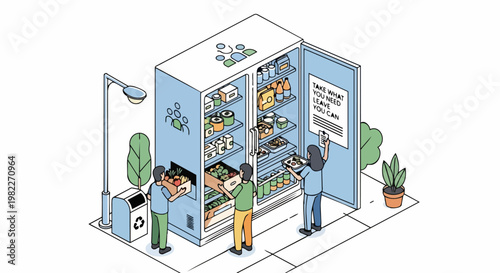 Isometric Community Fridge Illustration for Food Sharing and Mutual Aid Concept