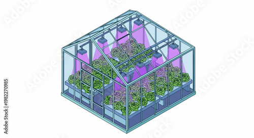 Isometric Smart Greenhouse Illustration with LED Grow Lights and Indoor Hydroponic Plants