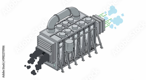 Isometric Vector Illustration of Industrial Air Filtration and Carbon Capture System Transforming Pollution into Clean Air