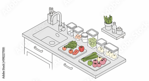 Minimalist Isometric Kitchen Counter Illustration with Fresh Vegetables and Storage Containers for Meal Prep and Organization