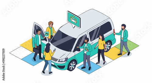 Isometric Illustration of People Using a Ride-Sharing App and Carpooling in a Minivan for Urban Transportation and Shared Mobility Concept