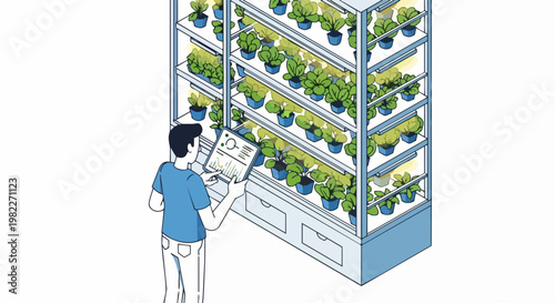 Vertical Farming and Smart Agriculture Concept with a Man Monitoring Plants via Tablet for Indoor Hydroponic System