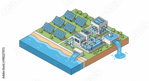 Isometric Illustration of a Solar Powered Desalination Plant for Sustainable Water Treatment and Clean Energy Production Coastal Green Technology Infrastructure