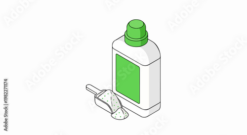 Isometric laundry detergent bottle and washing powder scoop with green accents, clean vector illustration for household cleaning products and domestic chores concepts.