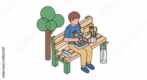 Isometric Illustration of a Man Eating Lunch on a Park Bench with Eco-Friendly Reusable Cutlery and Zero Waste Bento Box
