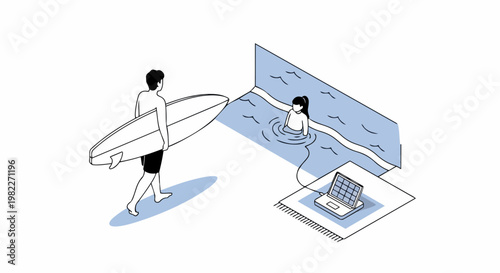 Work-Life Balance and Digital Nomad Concept: Isometric Illustration of Man Surfing and Woman Connected to Laptop in a Simulated Ocean