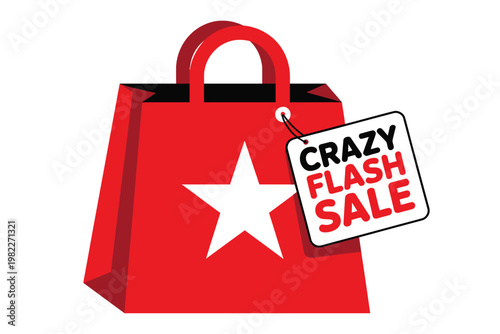 A red shopping bag with a white star and a crazy flash sale tag attached