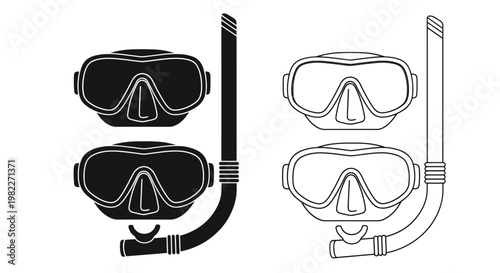 Two diving masks with snorkels depicted in a stark silhouette