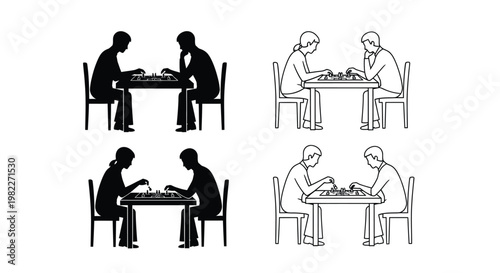Four pairs of people playing chess depicted in black silhouette