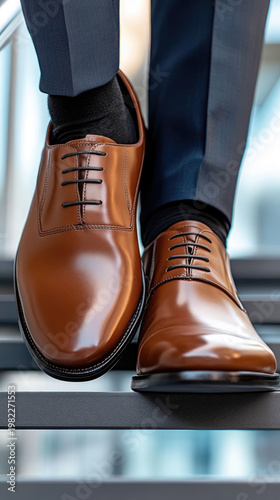 Person taking a step on a wooden staircase wearing elegant black leather dress shoes, symbolizing career ascent, business success, and professional progress at work