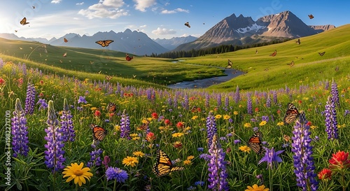Wildflower meadow displays a colorful carpet of lupines and daisies with butterflies fluttering through the air against a backdrop of towering mountain peaks under a soft golden hour light.