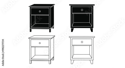 Four black nightstands presented in a minimalist outline silhouette